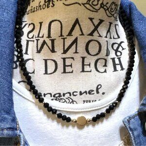 Handmade beaded  black gold crystals  statement jeweled necklace
